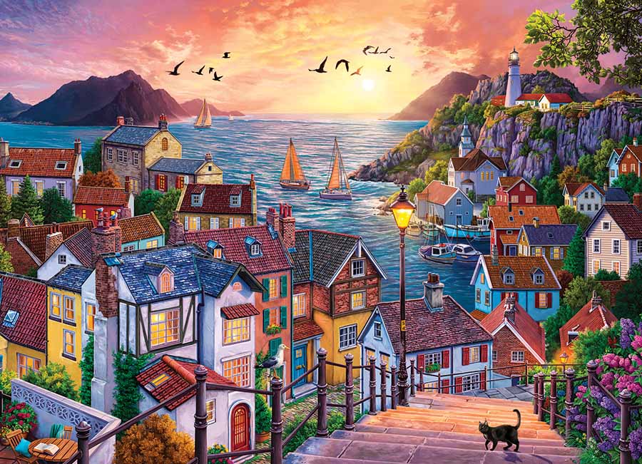 Coastal Town at Sunset Landscape Jigsaw Puzzle
