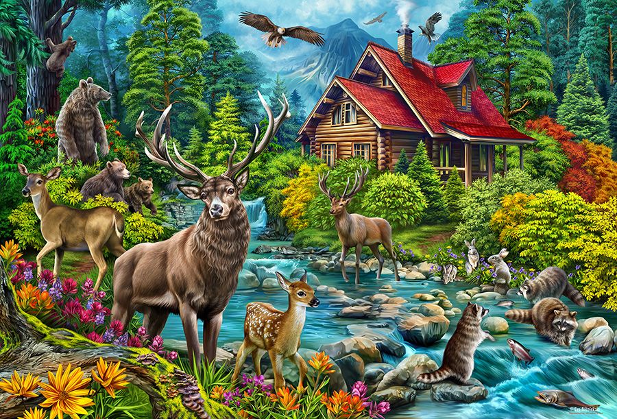 Red-roofed Cabin Forest Animal Jigsaw Puzzle