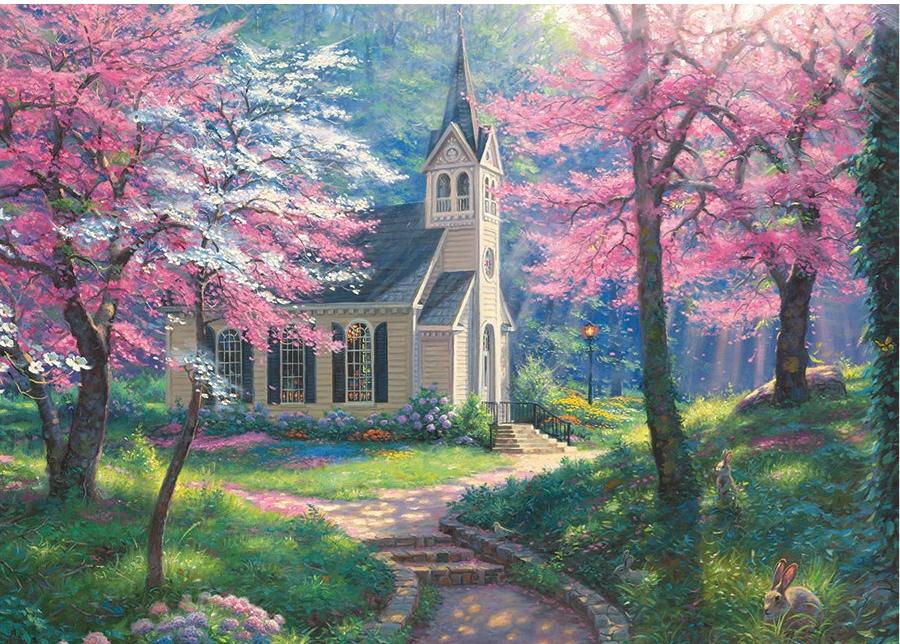 Cherry Blossom Chapel Spring Jigsaw Puzzle