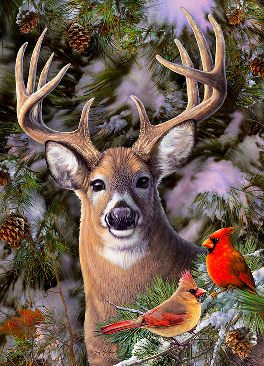 One Deer Two Cardinals Animals Jigsaw Puzzle