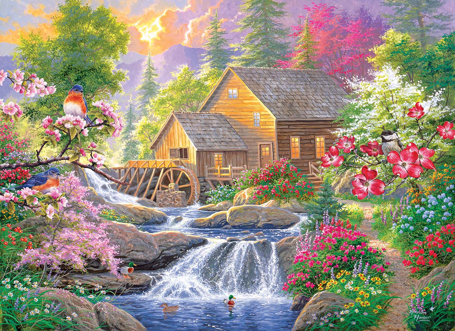 Songbirds At Summertime Mill Landscape Jigsaw Puzzle