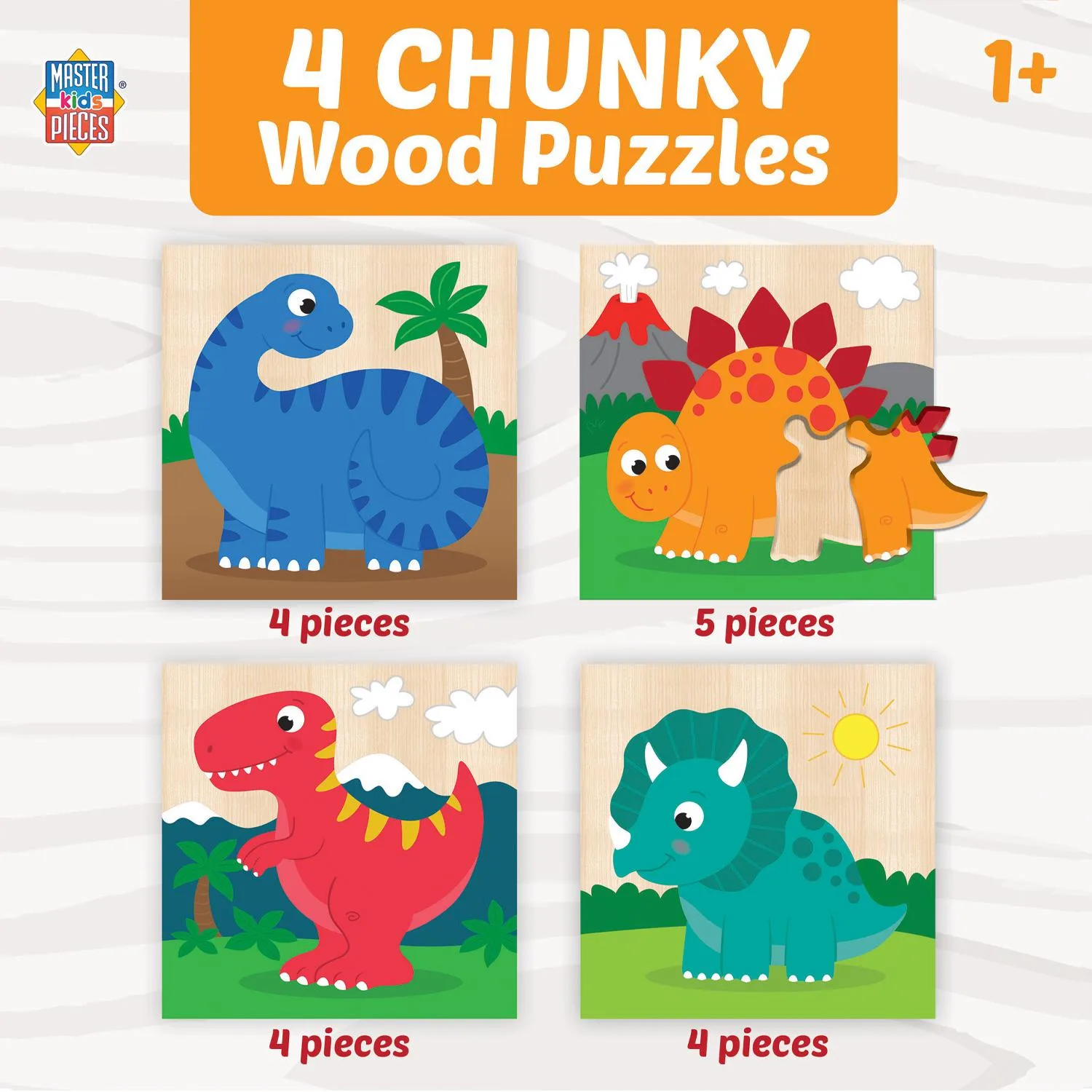 4 Chunky Wood Puzzles - Dinosaurs