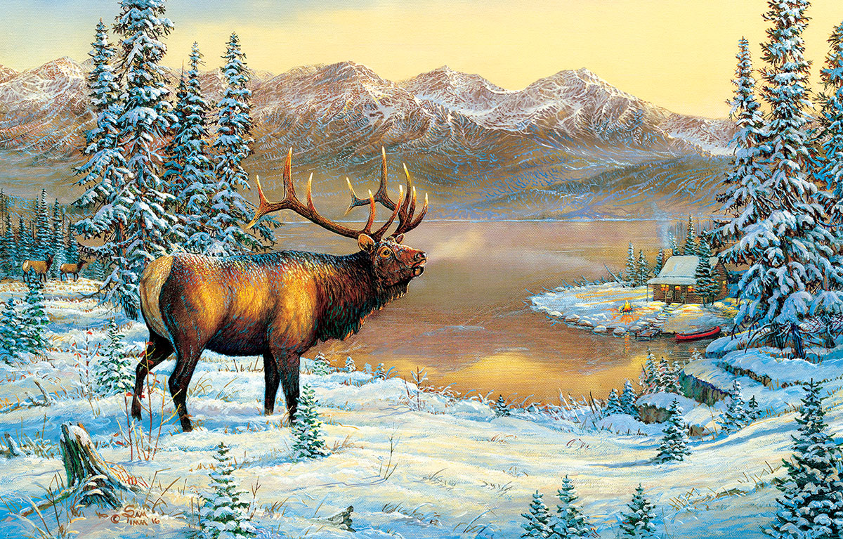 Elk By The Cabin Forest Animal Jigsaw Puzzle