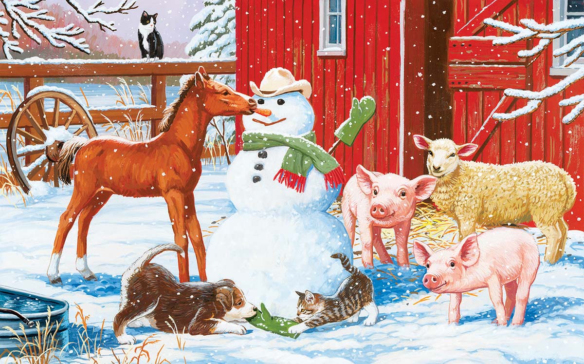 Winter Barnyard Scene Farm Animal Jigsaw Puzzle