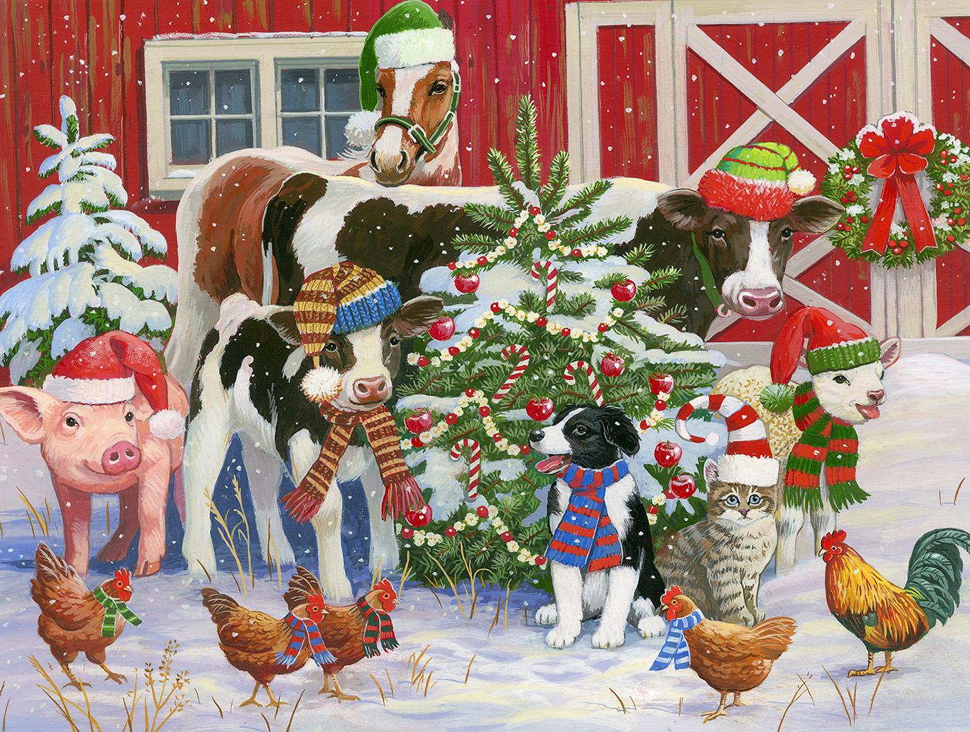 Merry Christmas in the Barnyard Farm Jigsaw Puzzle