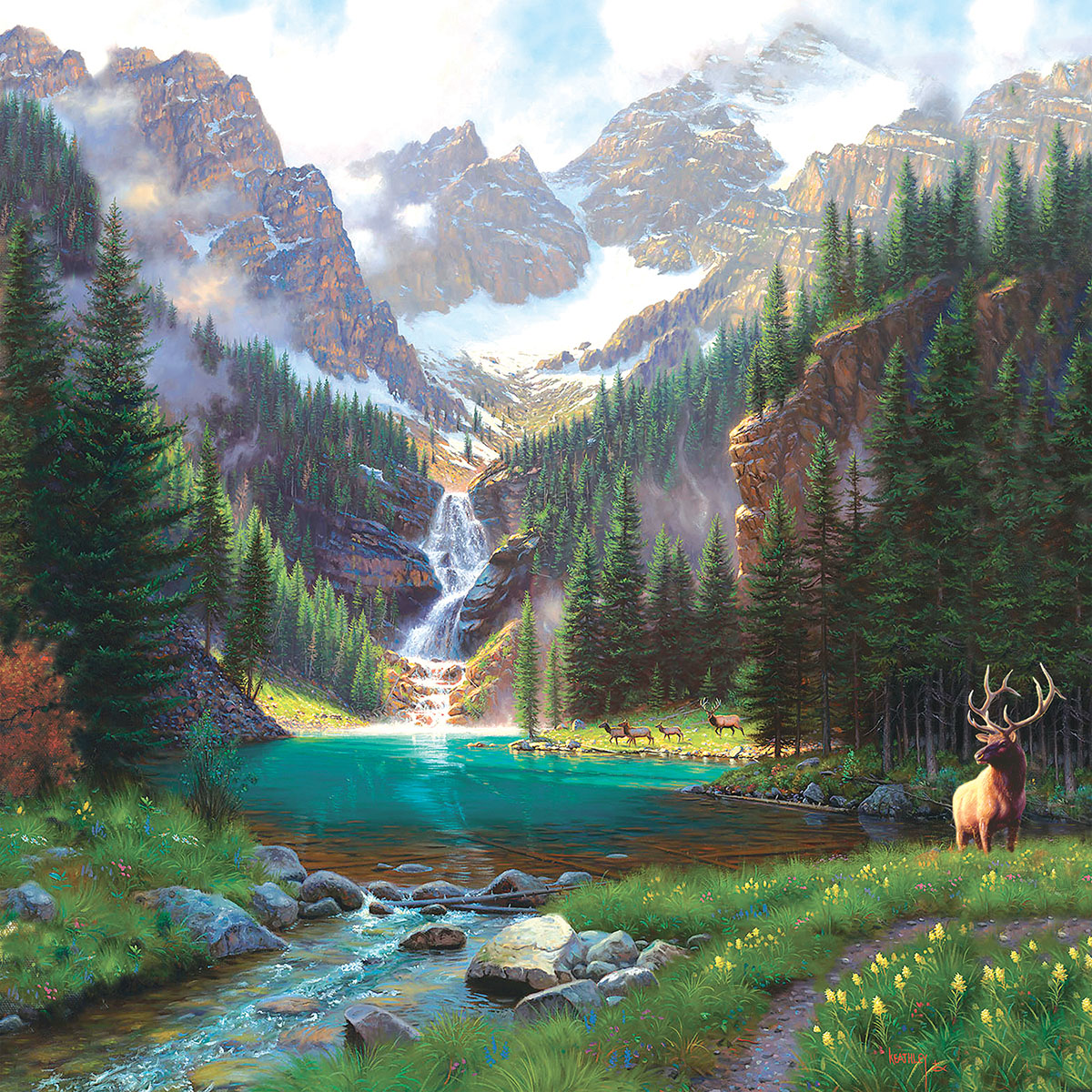 Elk at the Waterfall Mountain Jigsaw Puzzle
