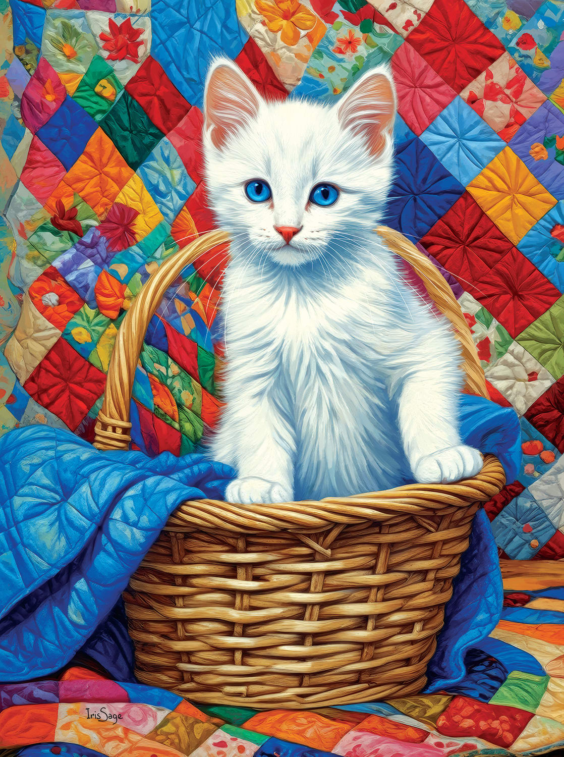 White Kitten and Quilts