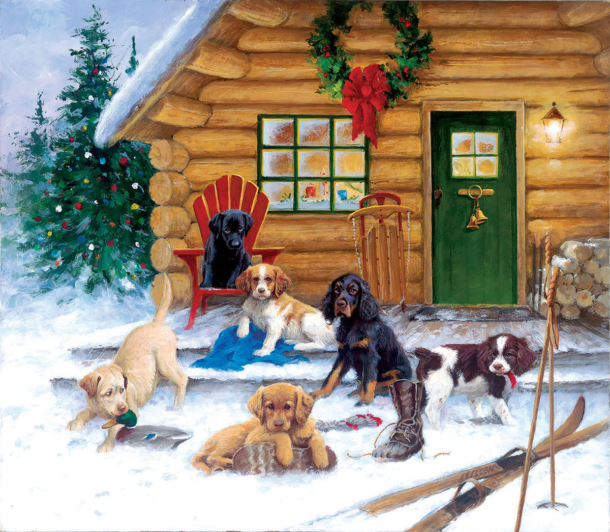 Christmas at the Cabin Dogs Jigsaw Puzzle