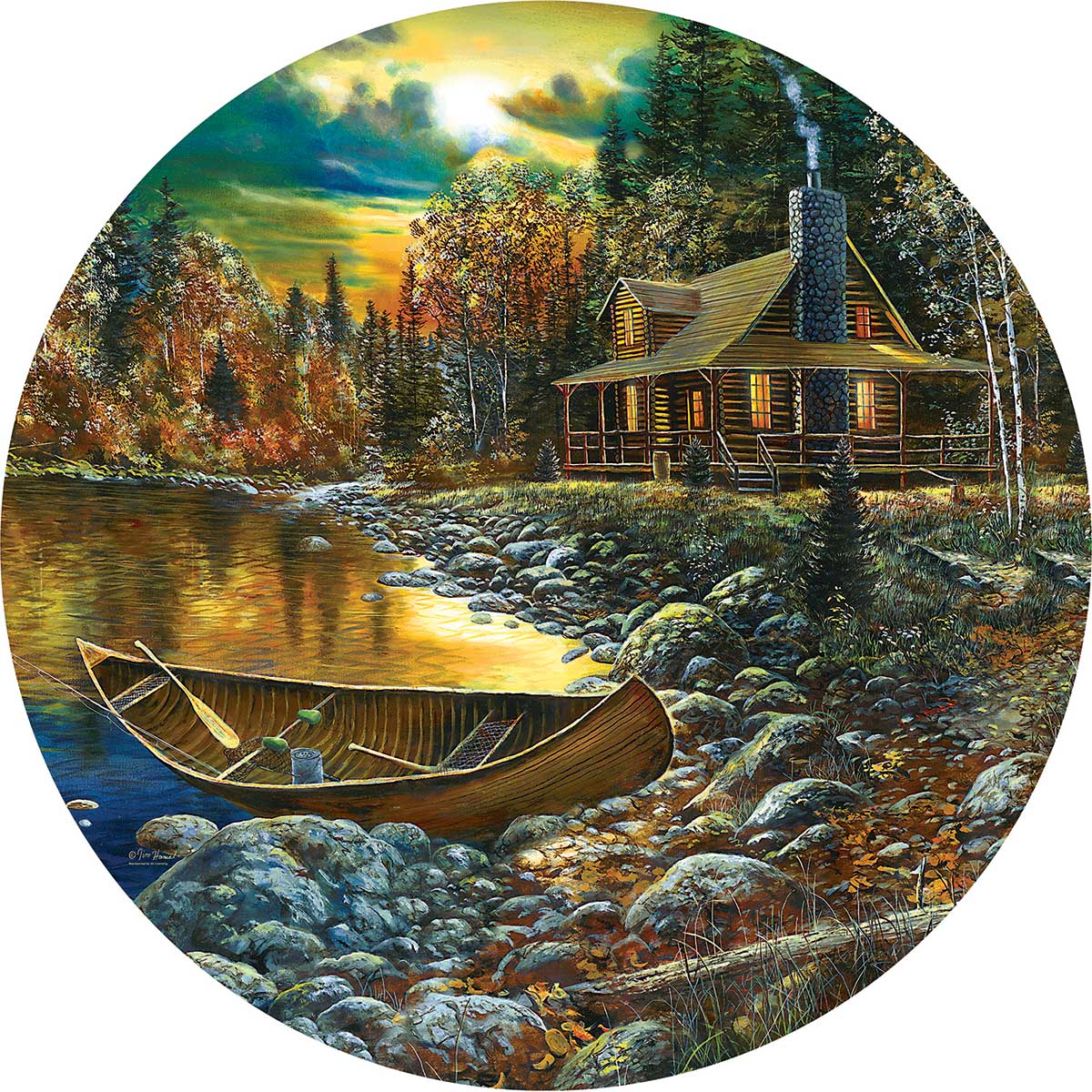 Fall Cabin Fall Round Jigsaw Puzzle