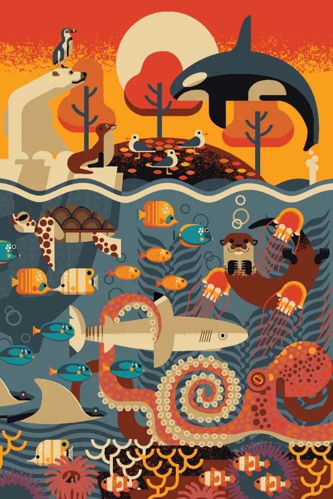 Marine Animals, Textured Geometric Sea Life