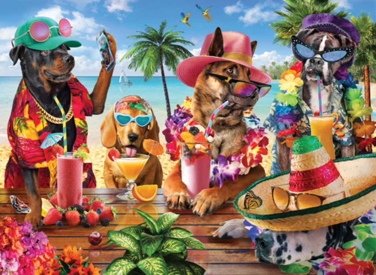 Dogs Drinking Smoothies On A Tropical Beach Dogs Jigsaw Puzzle