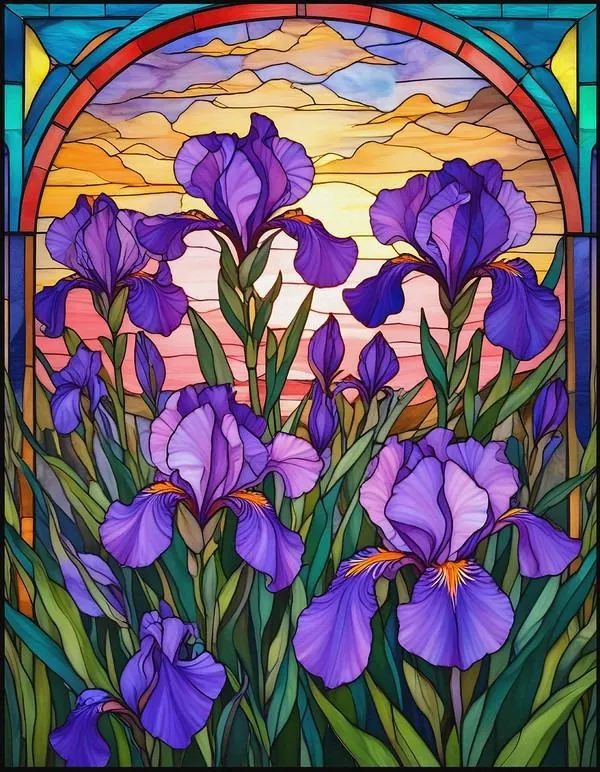 Stained Glass Irise Flower & Garden