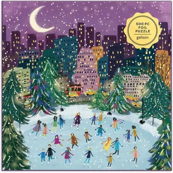 Merry Moonlight Skaters Foil Puzzle Winter