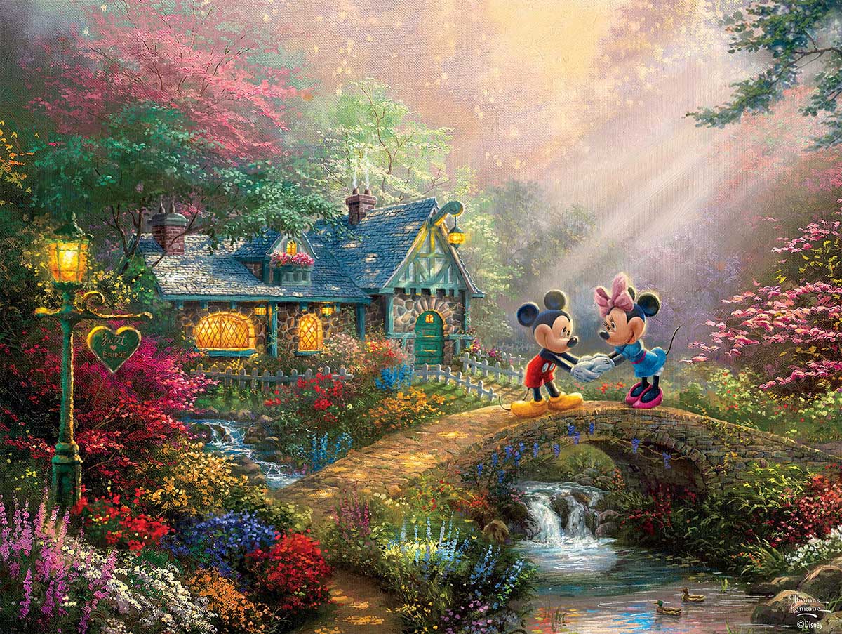 Mickey and Minnie Sweetheart Bridge, 750 Piece Thomas Kinkade Disney Dreams Disney Jigsaw Puzzle