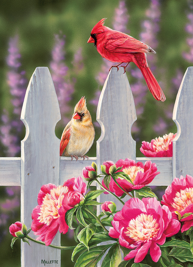 Cardinals and Peonies Birds Jigsaw Puzzle