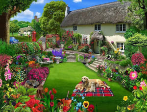 Dogs in a Cottage Garden Cabin & Cottage By All Jigsaw Puzzles