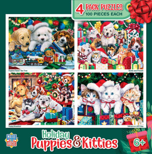 Holiday Puppies & Kitties - 4 Pack 100 Piece Puzzles Animals By MasterPieces