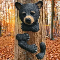 Black Art Deco Bear Tree Hugger Sculpture for Garden