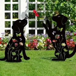 2-Piece 1-Set Enchanting Metal Dog Garden Decoration - Durable Black Steel Courtyard Art with Eye-Catching Design