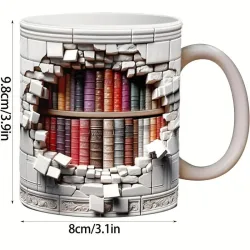 3D Bookshelves Hole In A Wall Mug, Library Bookshelf Mug
