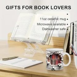 3D Bookshelves Hole In A Wall Mug, Library Bookshelf Mug