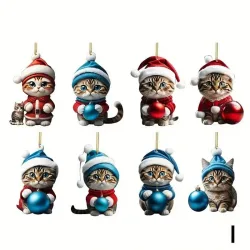 8-Pack Whimsical Cartoon Cat Christmas Ornaments