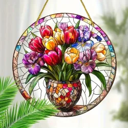 8x8 inches Stained Glass Tulip and Iris Suncatcher
