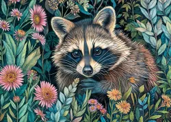 Raccoon in Flowers Animals