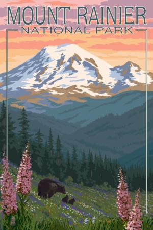 Mount Rainier National Park, Washington, Bear & Spring Flowers Landscape Jigsaw Puzzle By Lantern Press