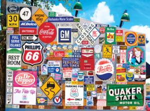 Old Ad Signs, Road Signs and License Plates Collage Jigsaw Puzzle By RoseArt