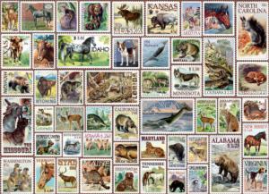 North American Wildlife Vintage Stamps Pattern & Geometric Large Piece By Eurographics