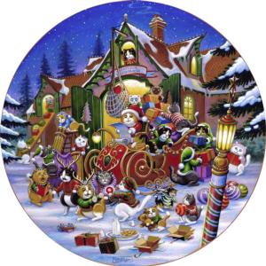 Here comes Santa Paws Christmas Round Jigsaw Puzzle By SunsOut