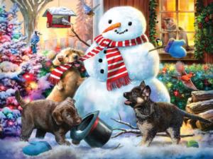 Snowman & Puppies Christmas Jigsaw Puzzle By Vermont Christmas Company