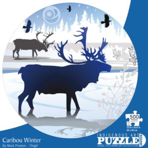 Caribou Winter Cultural Art Round Jigsaw Puzzle By Indigenous Collection