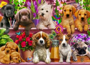 Puppies Galore Flower & Garden Jigsaw Puzzle By Vermont Christmas Company